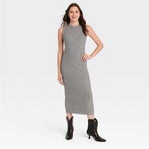 Gray Rib-Knit Midi Bodycon Dress